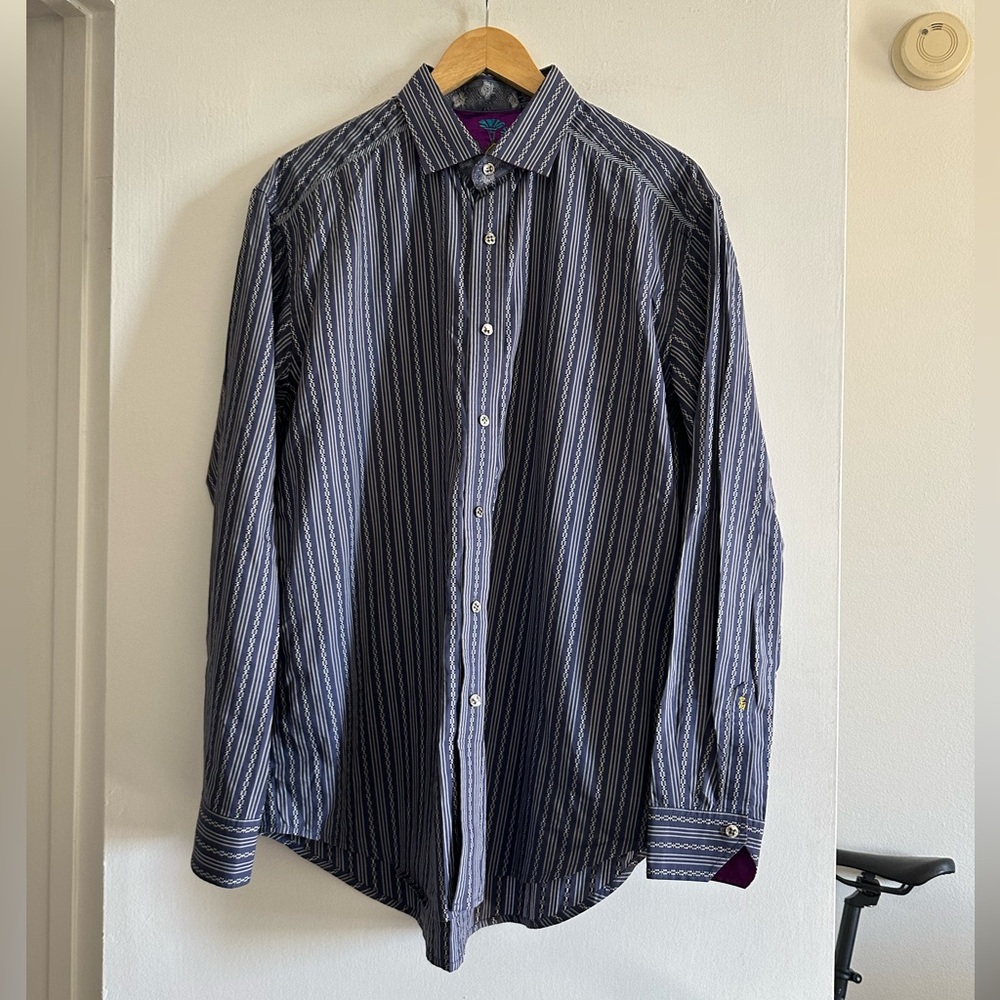 Robert Graham Blue Striped Flip Cuff Long Sleeve Button Collared Dress Shirt - Picture 1 of 9